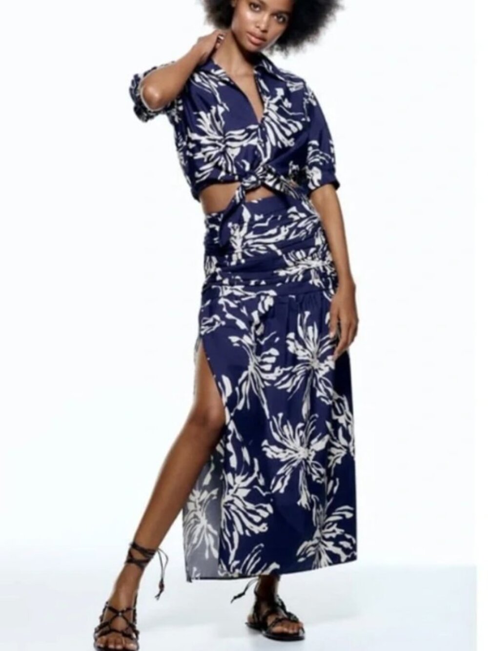 ZARA Blue Tropical Palm Print Matching Set XS/S Crop Tie Top & Midi Wrap Skirt R - Picture 2 of 16